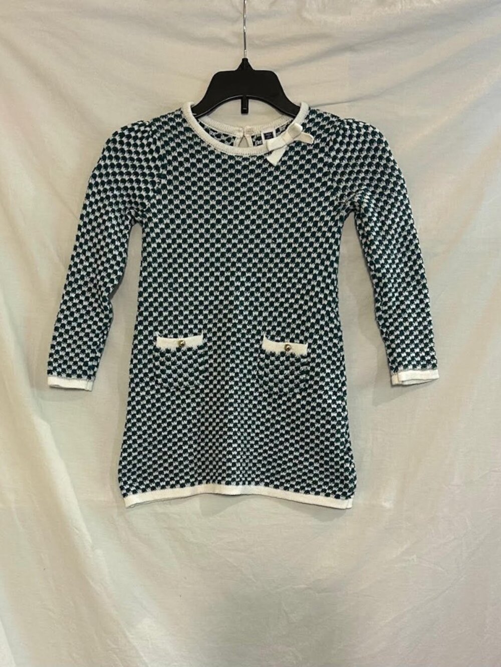 Janie and Jack Girls 3T Green White Check Long Sleeve Sweater Dress Bow Party